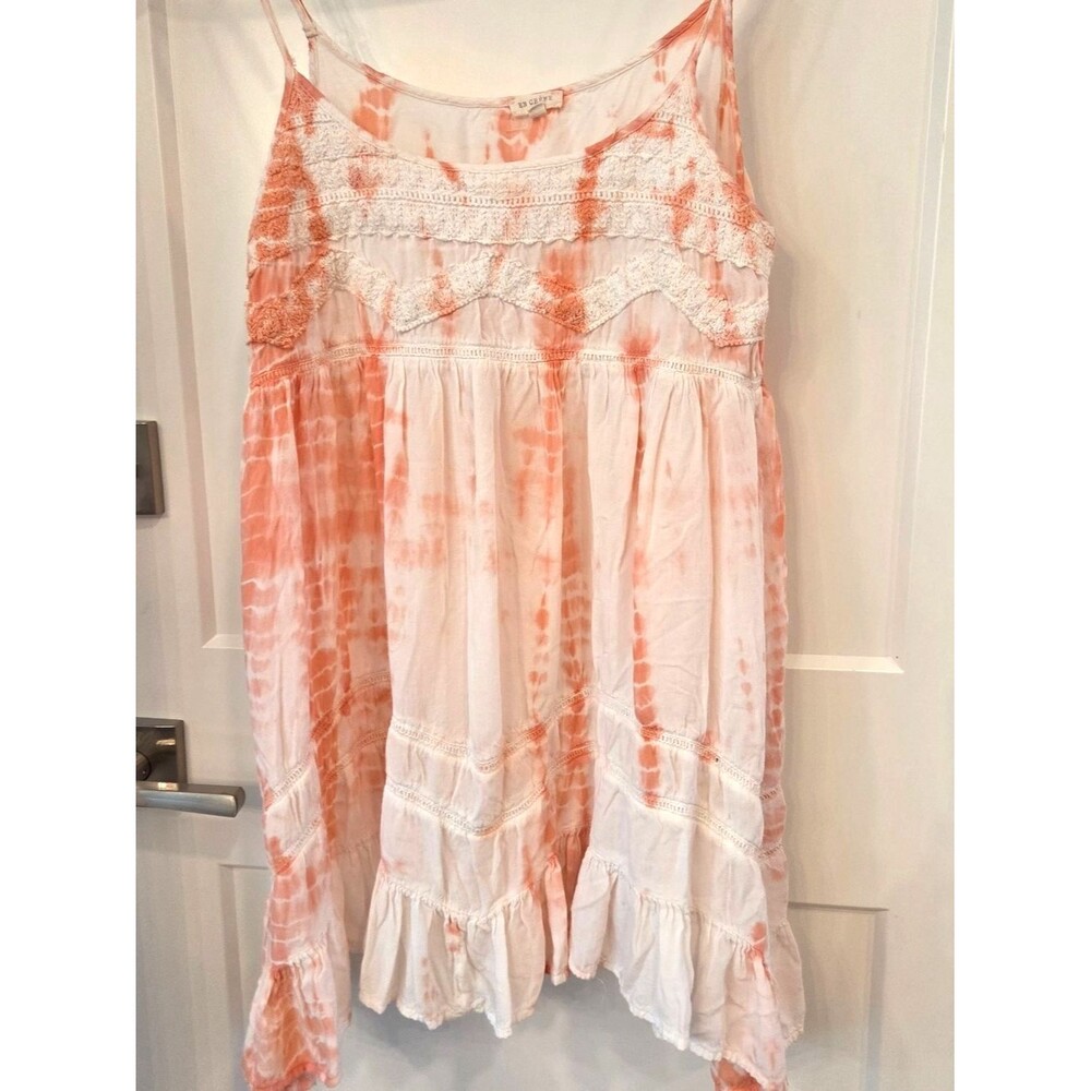 En Crème Coral Tie- Dye Boho Babydoll Tank Top Medium Festival Hippie Lagenlook